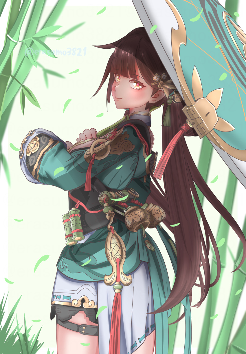 1girl, absurdres, ankle_belt, bamboo, bamboo_forest, blush, breasts, brown_hair