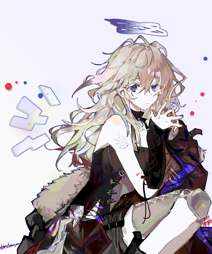 1girl, absurdres, arknights, black_tank_top, blonde_hair, blue_background, blue_halo, coat