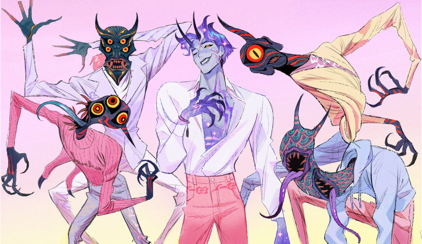 5boys, abby_(kpop_demon_hunters), ami_thompson, baby_(kpop_demon_hunters), black_sclera, blue_hoodie, blue_sky, body_markings