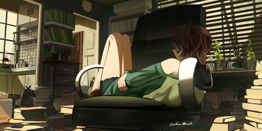 1girl, absurdres, agnes_tachyon_(umamusume), animal_ears, ashenmash, brown_hair, chair, green_shirt
