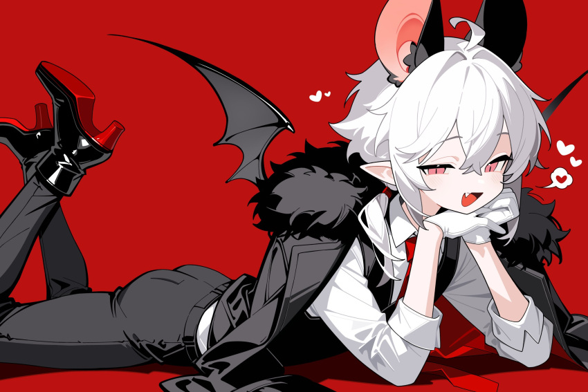 1boy, :d, ahoge, animal_ear_fluff, animal_ears, bat_boy, bat_ears, bat_wings, black_jacket, black_shoes, black_vest, black_wings, collared_shirt, commentary, dress_pants, elbow_rest, fang, feet_up, from_side, full_body, fur-trimmed_jacket, fur_trim, gloves, grey_pants, hair_between_eyes, hair_intakes, hair_tie, hand_on_own_cheek, hand_on_own_face, head_rest, heart, high_heels, highres, jacket, light_blush, llucilab, long_sleeves, looking_at_viewer, low_ponytail, lying, male_focus, mini_wings, necktie, no_nose, on_stomach, open_clothes, open_jacket, open_mouth, original, pants, pink_eyes, pointy_ears, ponytail, red_background, red_necktie, shirt, shirt_tucked_in, shoes, short_hair, sidelocks, simple_background, skin_fang, sleeves_rolled_up, slit_pupils, smile, solo, speech_bubble, spoken_heart, vampire, vest, white_gloves, white_hair, white_shirt, wings