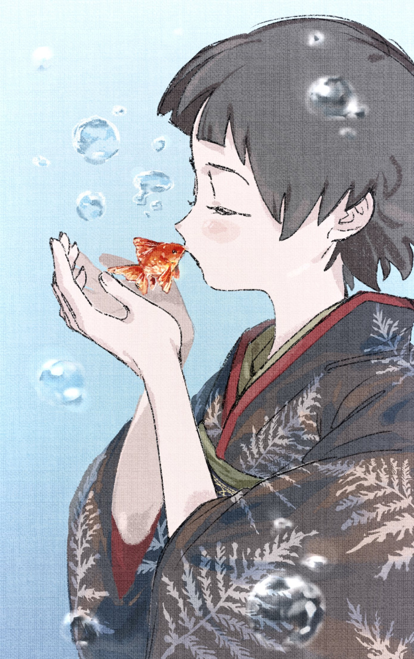 1girl, black_hair, bubble, closed_eyes, fish, goldfish, highres, japanese_clothes