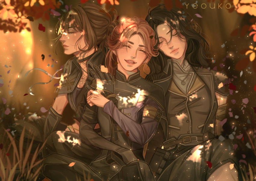 3girls, ^_^, artist_name, autumn_leaves, belt, black_hair, blurry, blurry_background