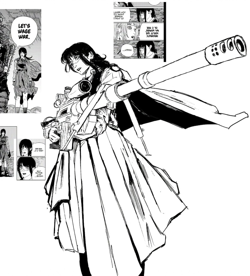 1girl, cape, chainsaw_man, comic_panel_inset, dress, english_commentary, greyscale, gun