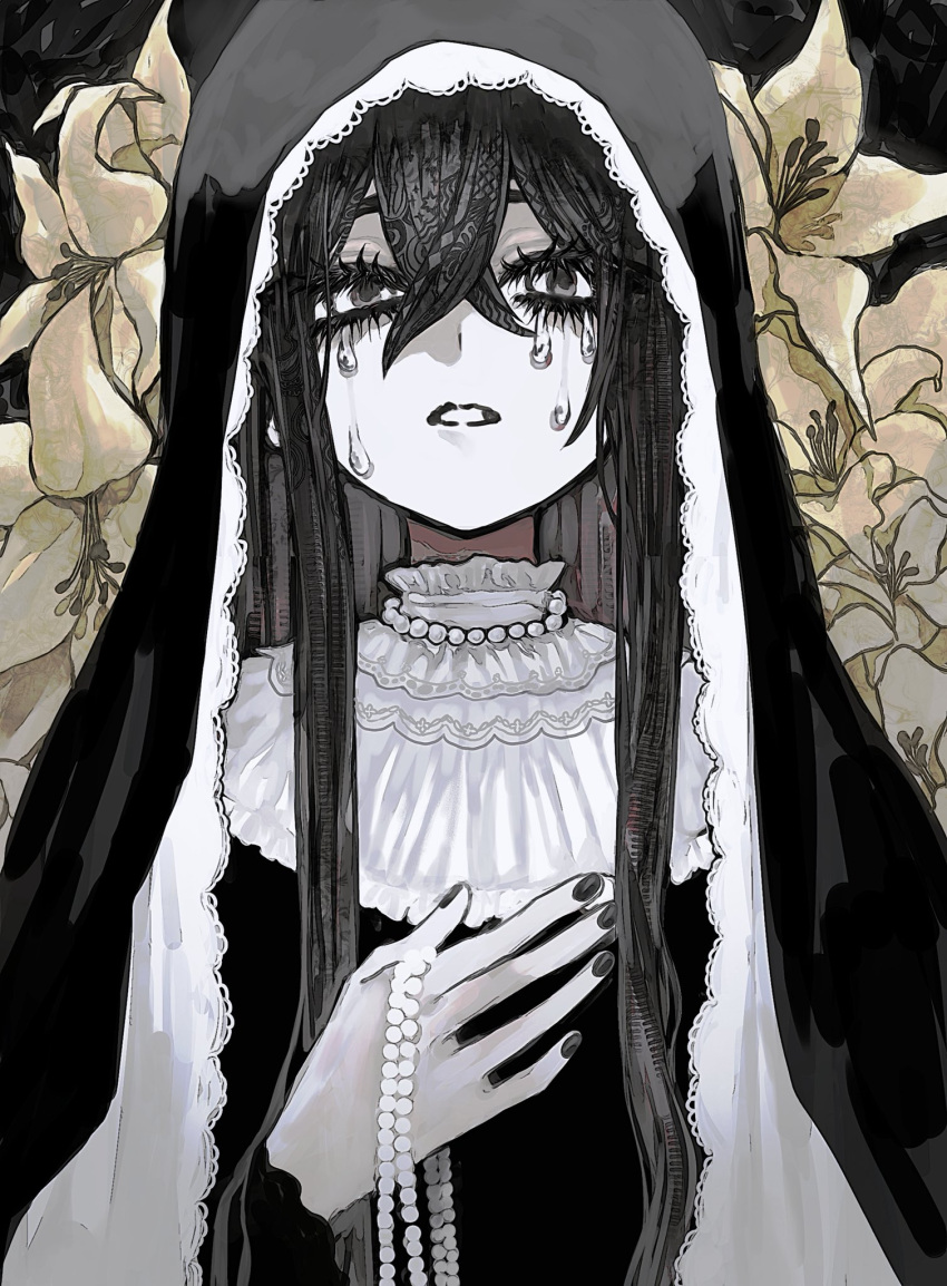 1girl, black_eyes, black_hair, black_nails, crossed_bangs, eyelashes, flower, hair_between_eyes