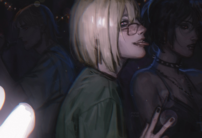 1girl, 2boys, alcohol, alternate_universe, armin_arlert, artist_name, black_choker, black_hair