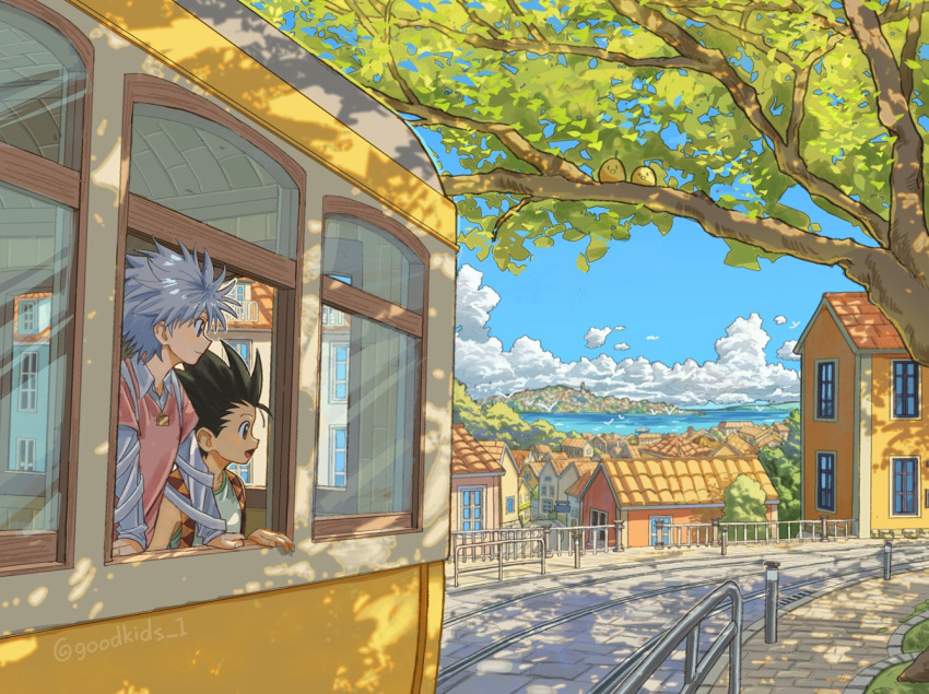 2boys, alternate_costume, black_hair, building, bus, closed_mouth, clouds, collared_shirt