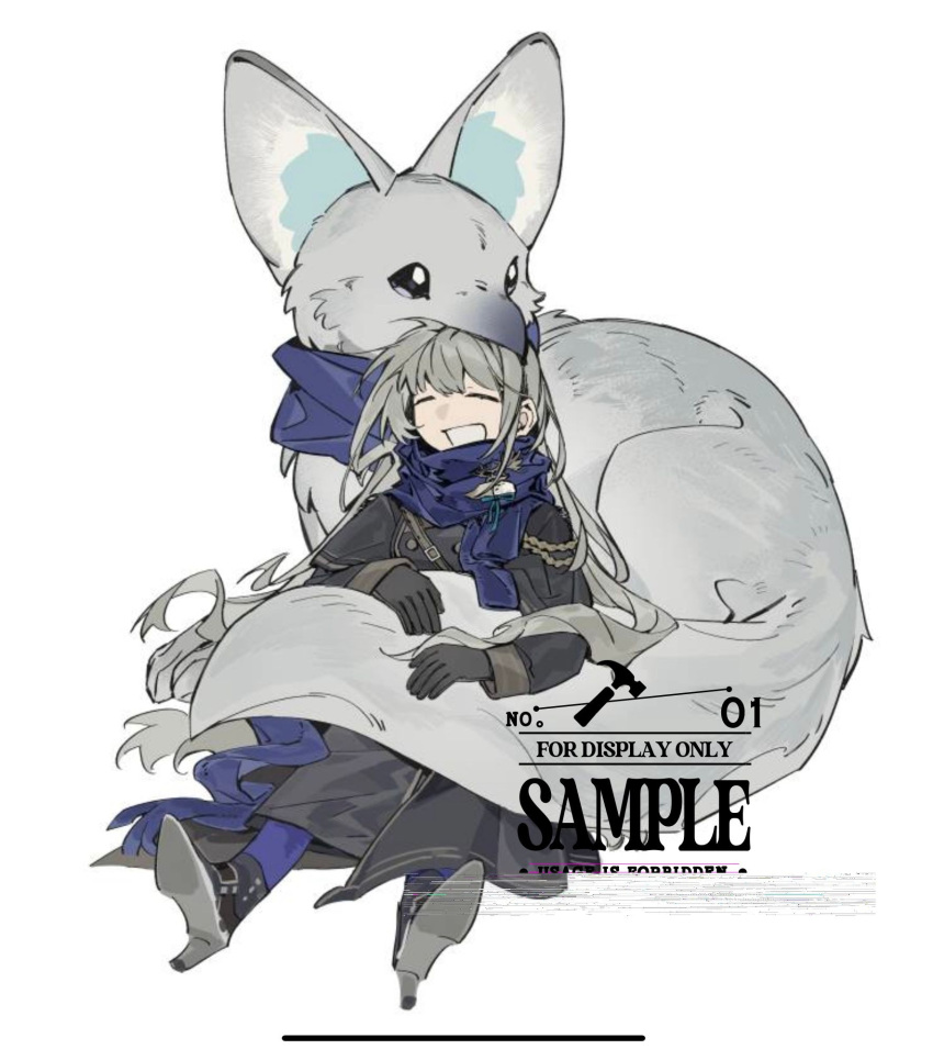 1girl, animal, ankle_boots, bkornblume, black_boots, black_coat, black_gloves, blue_neckerchief