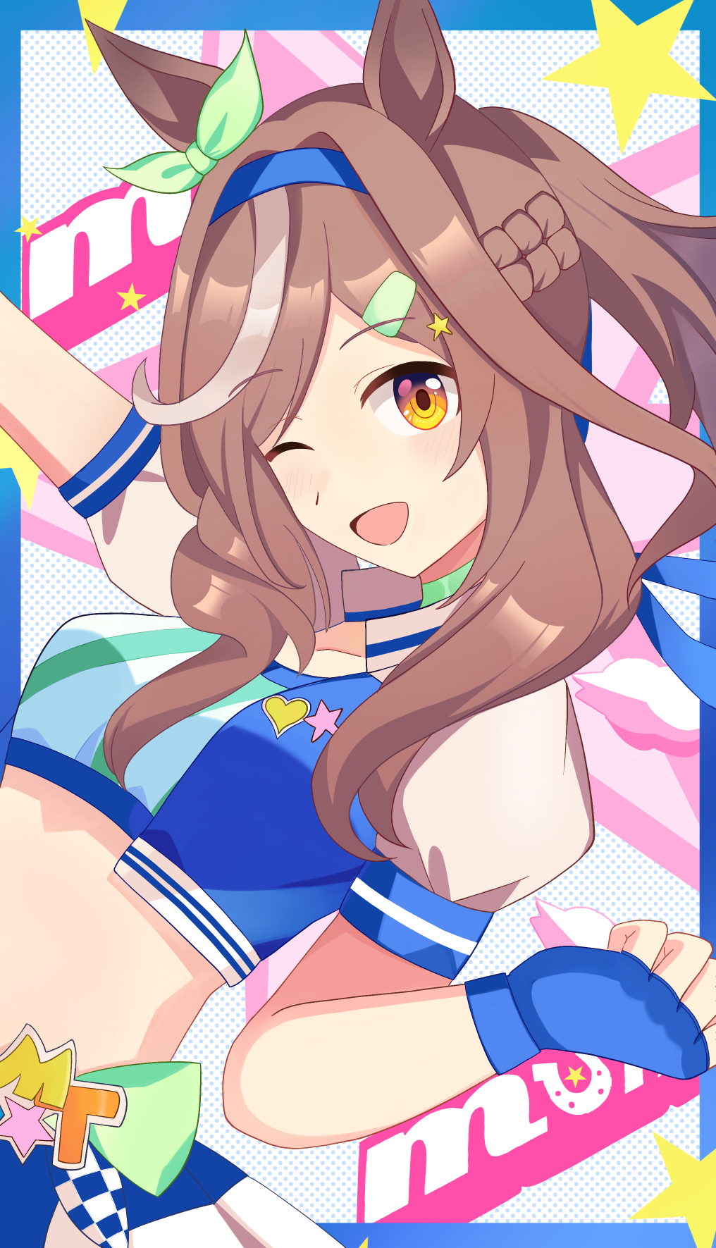 1girl, alternate_hairstyle, animal_ears, blush, breasts, brown_eyes, brown_hair, cheerleader, collarbone, commentary_request, fingerless_gloves, genkai_made_pom_pon!!, gloves, hairband, highres, horse_ears, horse_girl, looking_at_viewer, matikanetannhauser_(blue_turbulence)_(umamusume), matikanetannhauser_(umamusume), medium_breasts, medium_hair, navel, official_alternate_costume, ribbon, umamusume, yo-ha