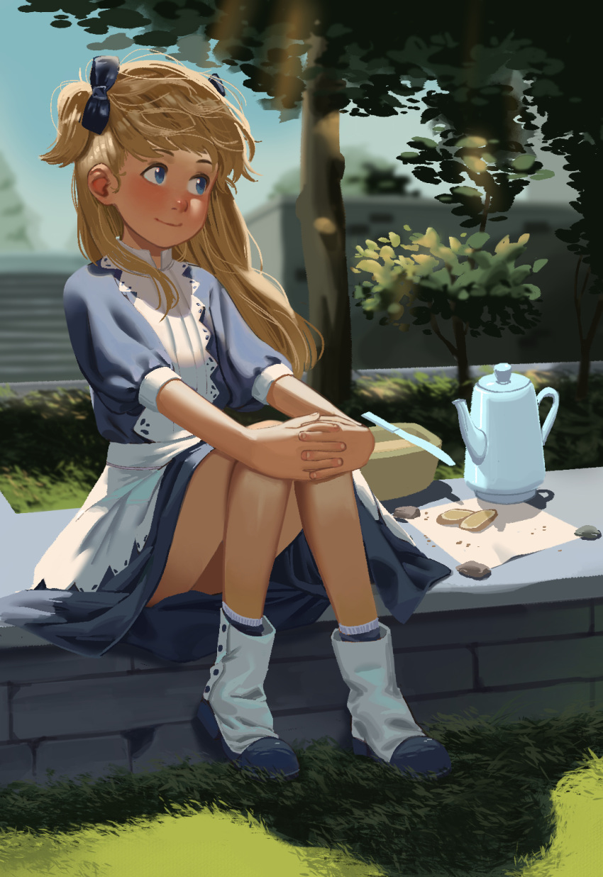 1girl, blonde_hair, blue_boots, blue_bow, blue_dress, blue_eyes, blue_sky, blush