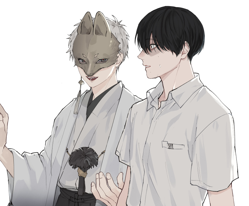 2boys, absurdres, collared_shirt, commentary_request, cosplay, fox_mask_(silent_hill), fox_mask_(silent_hill)_(cosplay), greyscale
