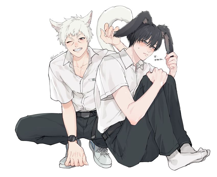 2boys, absurdres, animal_ears, belt, black_belt, black_hair, black_pants, blush