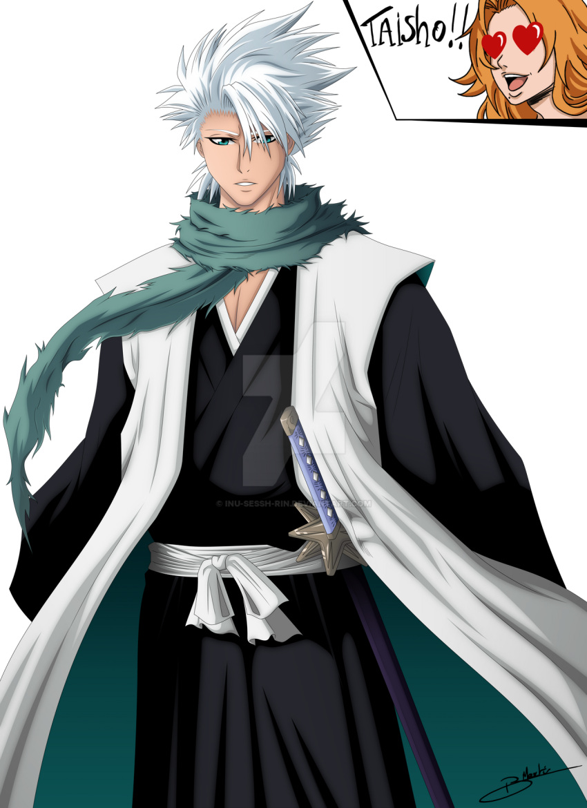 1boy, 1girl, aqua_eyes, aqua_scarf, bleach, commentary, deviantart_logo, english_commentary