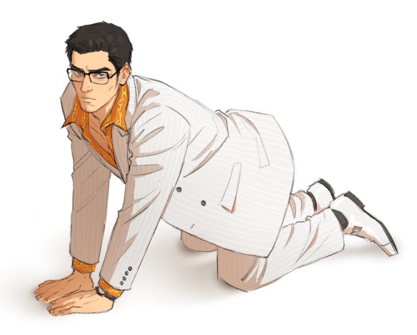 1boy, all_fours, bespectacled, black_hair, donlemefo, draw_your_babygirl_(meme), dress_shirt, dress_shoes