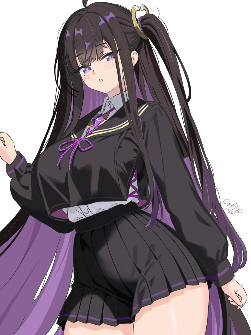 black_hair, black_sailor_collar, black_shirt, black_skirt, blush, breasts, chitose_(stella_sora), colored_inner_hair