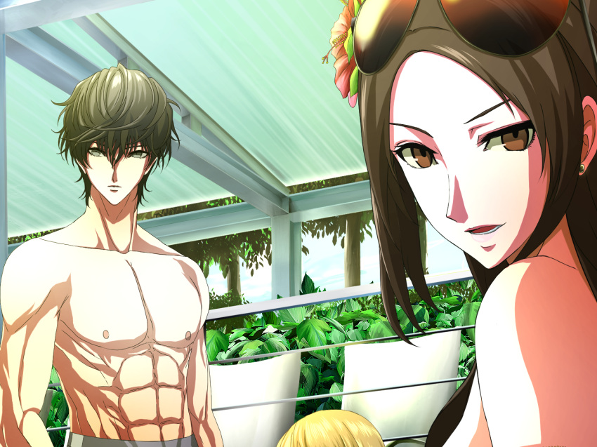 1girl, 2boys, abs, akechi_gorou, amamiya_ren, atlus, batosupisaikou, bikini, bikini_top, black_hair, brown_eyes, brown_hair, chest, female, flower, glasses, gray_eyes, japanese, kurusu_akira, long_hair, male, mature_female, mika_(persona_5), open_mouth, out_of_frame, pants, persona, persona_5, pixiv, poolside, protagonist_(persona_5), shore, smirk, summer