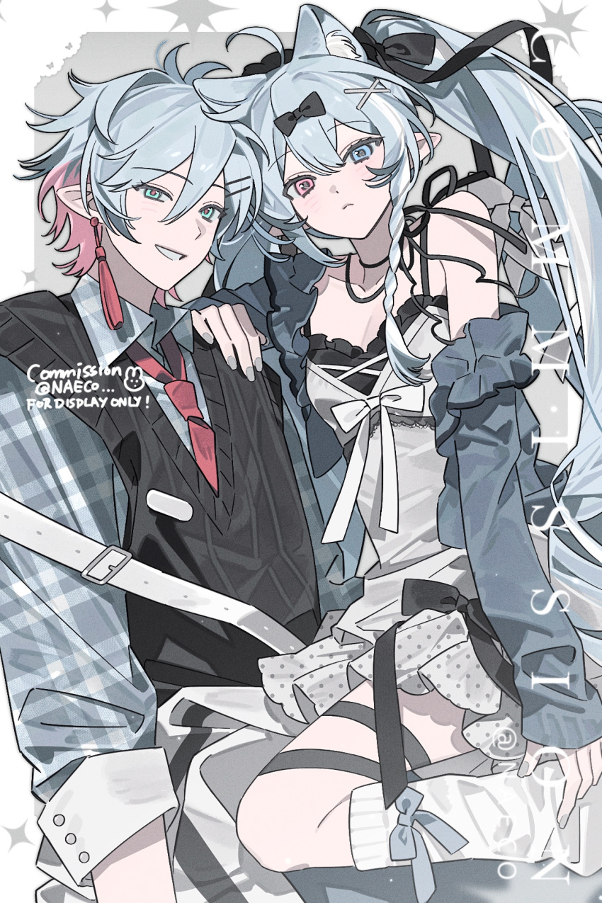1boy, 1girl, animal, blue_eyes, blue_hair, blue_shirt, bow, collared_shirt, colored_tips, dress, evodtonaeco, hair_bow, hair_ornament, hair_ribbon, hairclip, heterochromia, highres, jewelry, long_hair, long_sleeves, looking_at_viewer, multicolored_hair, necktie, off_shoulder, original, pink_hair, plaid_clothes, plaid_shirt, pointy_ears, red_eyes, red_necktie, ribbon, shirt, short_hair, smile, twintails, vest, white_bow