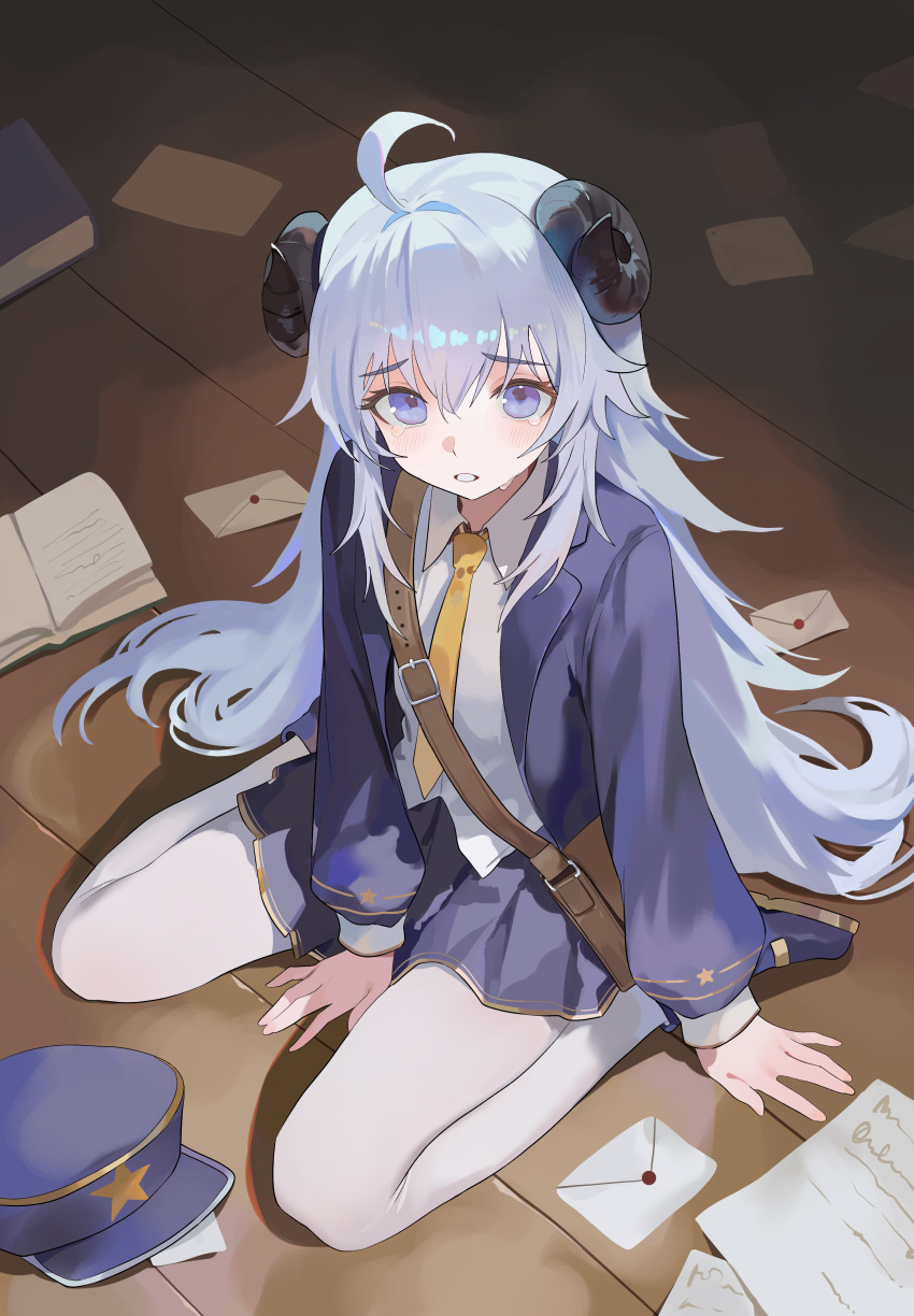 1girl, absurdres, ahoge, bag, black_horns, blue_eyes, blue_jacket, blue_shoes