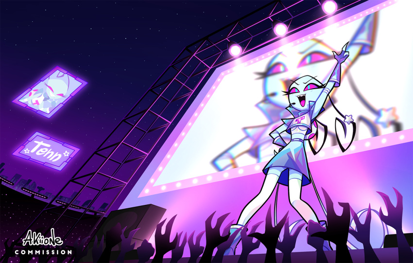 1girl, alien, aqua_skin, audience, bald, boots, colored_skin, commission, concert, crowd, fewer_digits, fingerless_gloves, gloves, idol, invader_zim, irken, open_mouth, pink_eyes, pointing, pointing_up, screen, solo, tenn_(invader_zim), yoyochaan