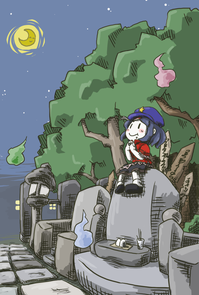blue_hair, blush, chibi, crescent_moon, eating, food, ghost, hat