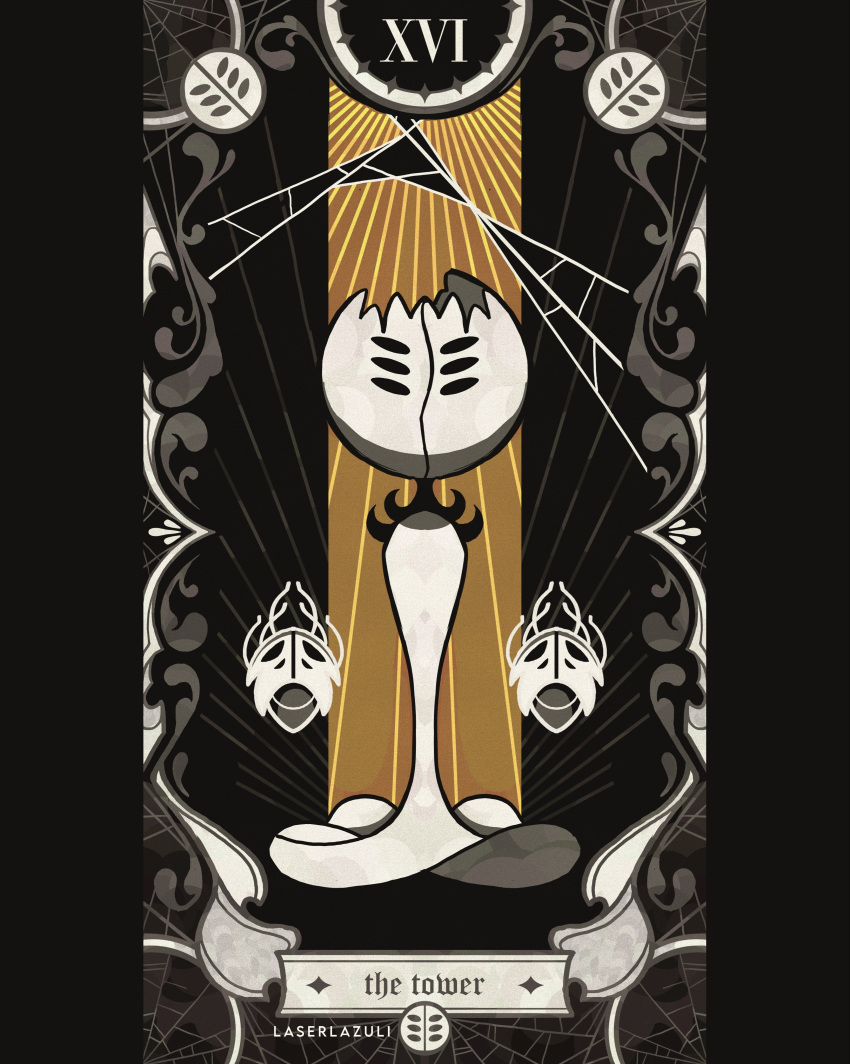 1girl, absurdres, arthropod_girl, artist_name, black_eyes, black_skin, card_(medium), cloak, colored_skin, dress, english_text, first_sinner_(hollow_knight), full_body, highres, hollow_eyes, hollow_knight, hollow_knight:_silksong, laserlazuli, mask, pharlid_(hollow_knight), pillarboxed, silk, spider_web, standing, tarot, tarot_(medium), the_tower_(tarot)
