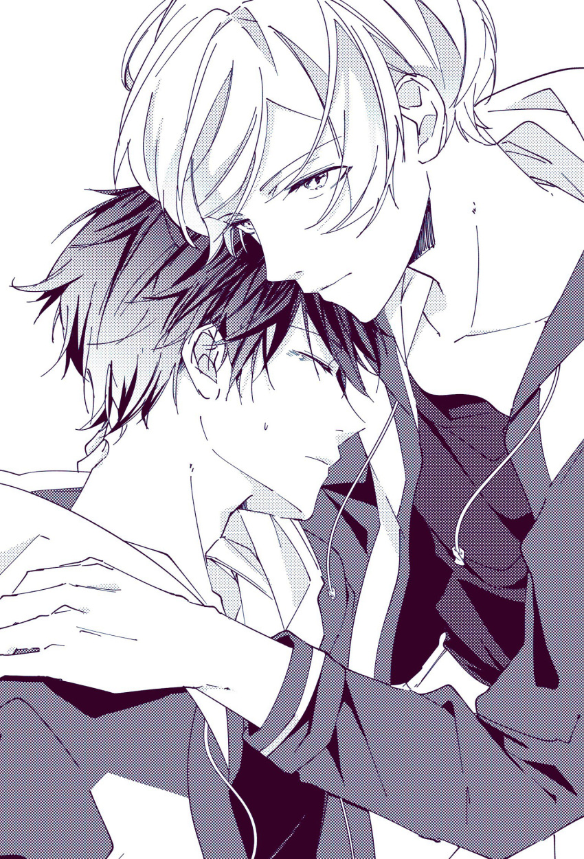 2boys, closed_eyes, closed_mouth, commentary_request, drawstring, ensemble_stars!, greyscale, hand_on_another's_shoulder, highres, hood, hood_down, hooded_jacket, jacket, long_sleeves, looking_at_viewer, male_focus, monochrome, morisawa_chiaki, multiple_boys, open_clothes, open_jacket, shinkai_kanata, short_hair, upper_body, usui_(usui_koi)