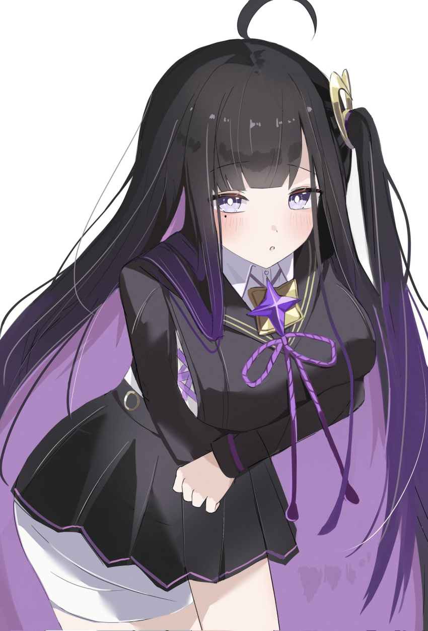 1girl, ahoge, black_hair, black_sailor_collar, black_shirt, black_skirt, blush, breasts