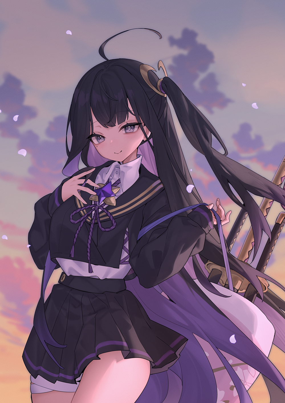 1girl, ahoge, black_hair, black_sailor_collar, black_shirt, black_skirt, chitose_(stella_sora), clouds