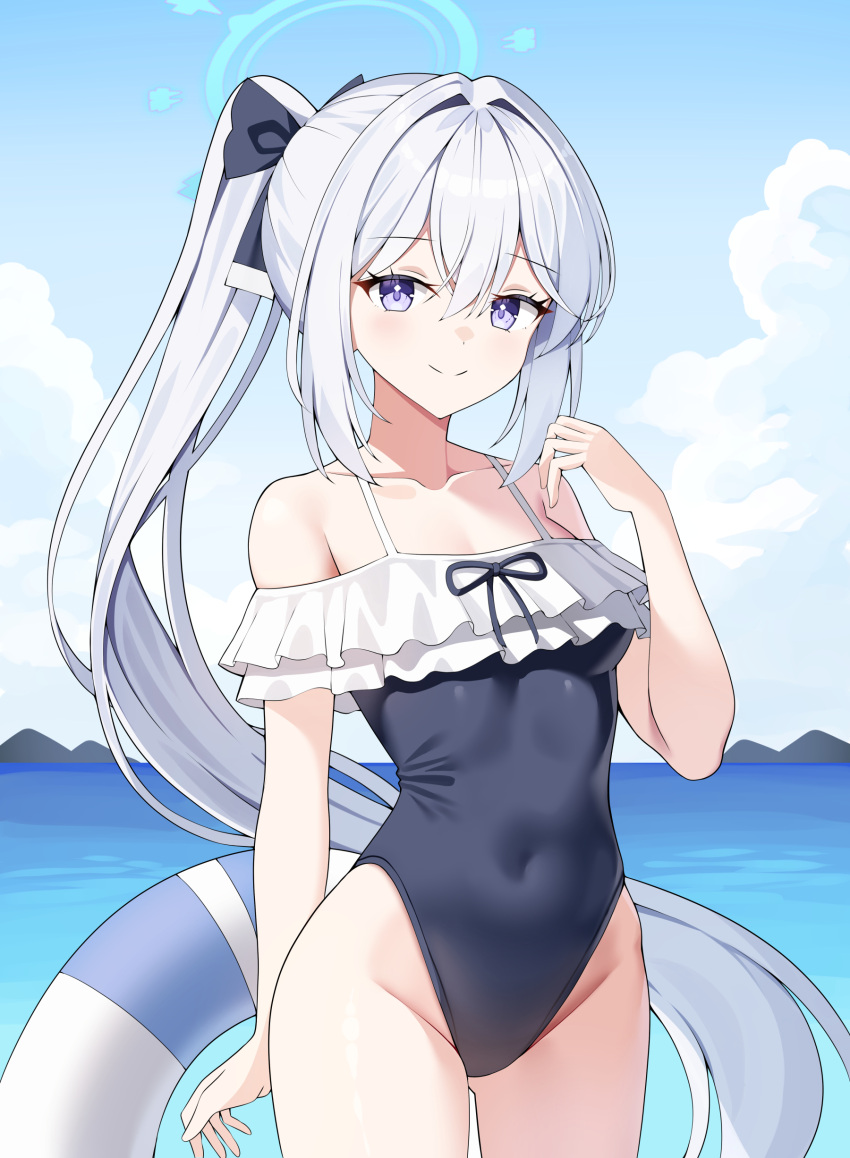 1girl, absurdres, arm_up, bare_shoulders, blue_archive, blue_halo, blue_one-piece_swimsuit, bow