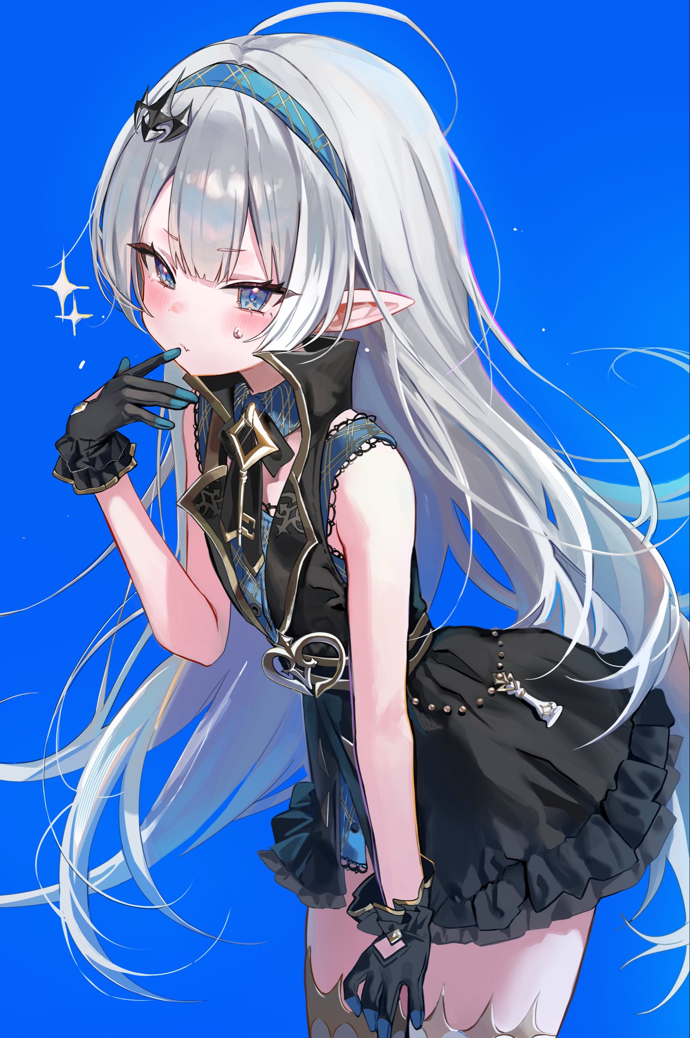 1girl, black_gloves, black_necktie, blue_background, blue_eyes, blush, dress, female_tyrant_(stella_sora)