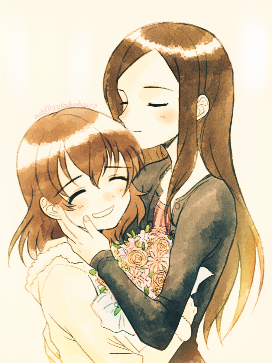 24takokai10, 2girls, black_jacket, blush, bouquet, brown_hair, closed_eyes, commentary_request