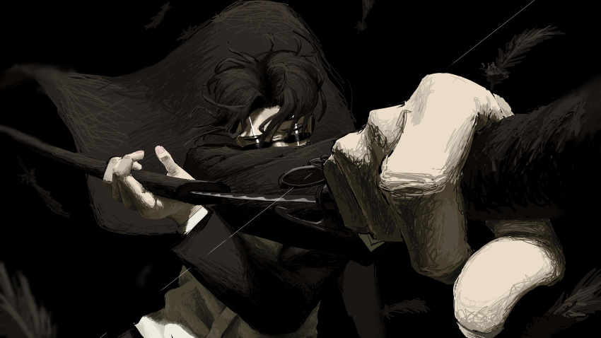 1boy, absurdres, black_hair, closed_eyes, highres, holding, holding_sword, holding_weapon