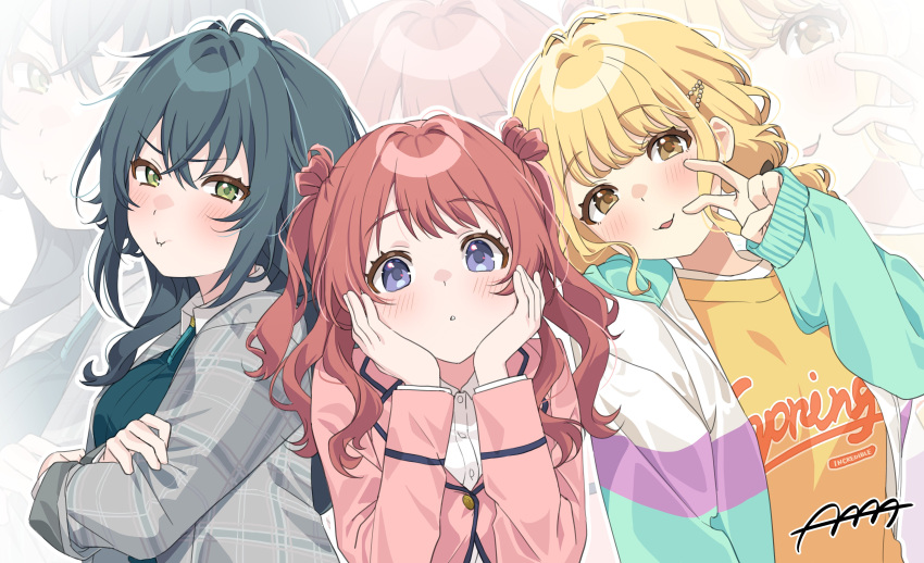 3girls, 4_ge, absurdres, bent_v, blonde_hair, blush, breasts, brown_hair