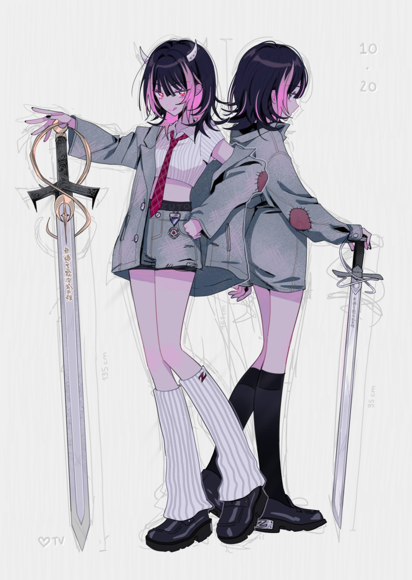 2girls, alternate_costume, alternate_footwear, black_hair, black_nails, black_shoes, black_socks, blunt_bangs