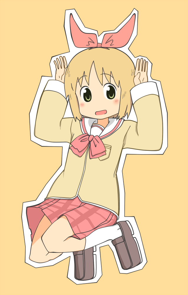 annaka_(nichijou), annaka_haruna, blonde_hair, blush, bow, hair_bow, jumping, nichijou
