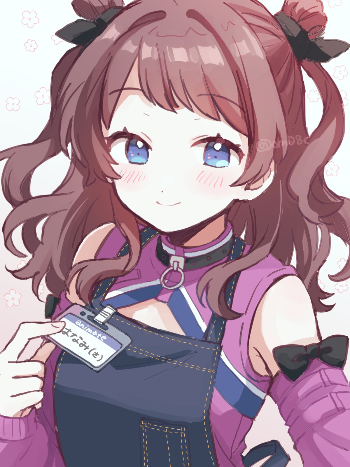 1girl, apron, black_apron, black_bow, blue_eyes, blush, bow, brown_hair