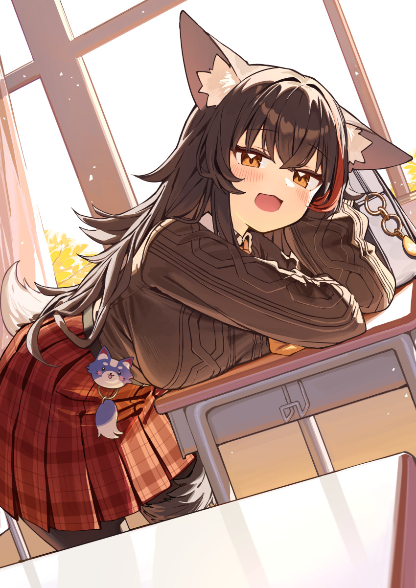 1girl, :d, absurdres, ahoge, animal_ear_fluff, animal_ears, aran_sweater, black_hair