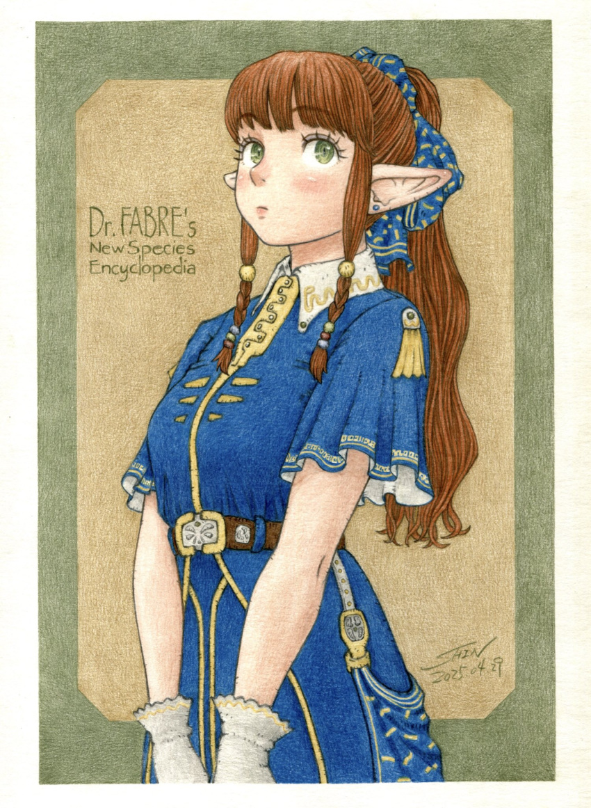 1girl, belt, blue_dress, brown_hair, commentary_request, dated, dress, elf