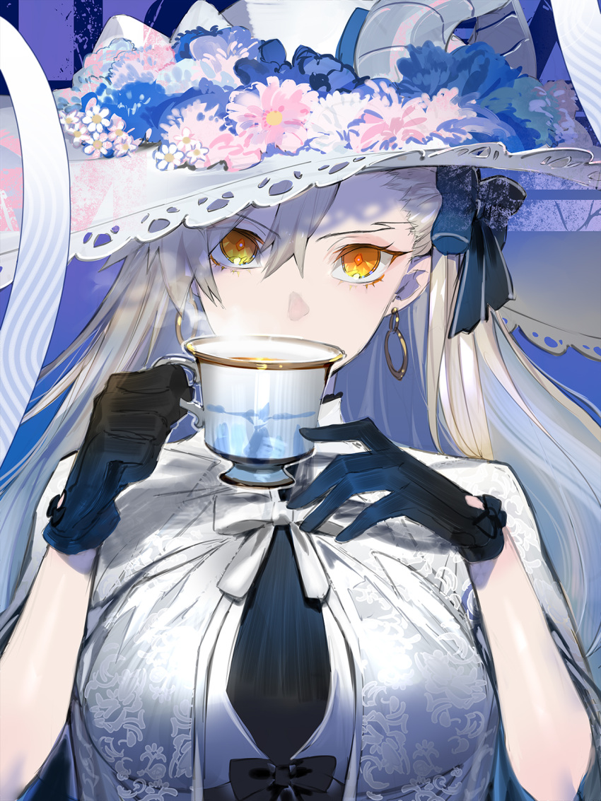 1girl, black_gloves, chest_ribbon, cup, earrings, fate/grand_order, fate_(series), flower, gloves, grey_hair, hair_ribbon, hat, hat_flower, highres, holding, holding_cup, jewelry, looking_at_viewer, olga_marie_animusphere, orange_eyes, ribbon, solo, suzuhi_(fullprayer), teacup, u-olga_marie, u-olga_marie_(first_ascension), upper_body