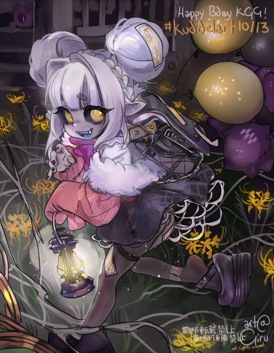 1girl, bag, black_pantyhose, black_sclera, colored_sclera, colored_skin, colored_tongue, double_bun, girutea, grey_hair, grey_skin, hair_bun, highres, indie_virtual_youtuber, kumo_kuddelmuddel, lantern, open_mouth, pantyhose, sharp_teeth, solo, teeth, thick_eyebrows, yellow_eyes
