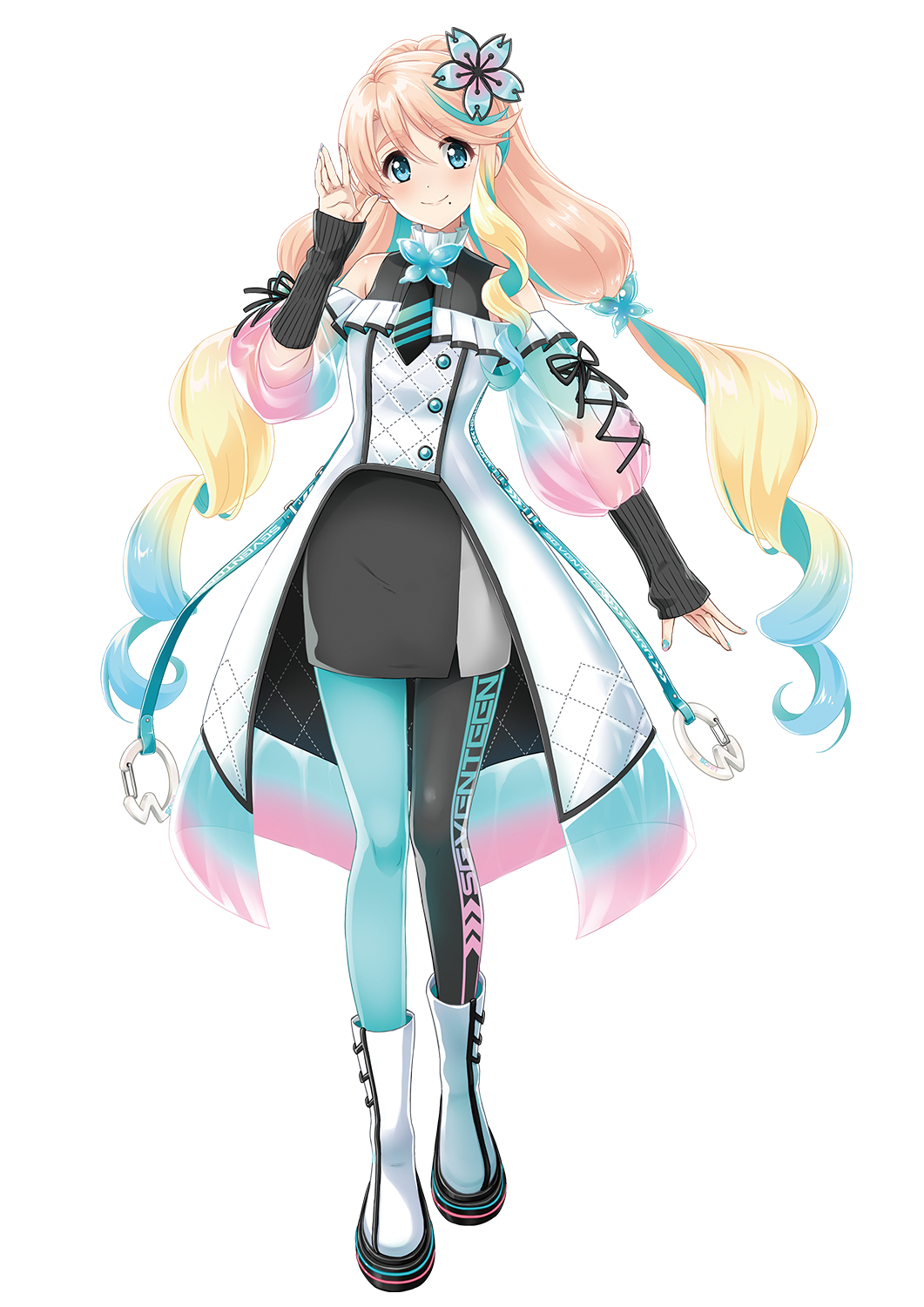 aqua_eyes, asymmetrical_bangs, asymmetrical_legwear, belted_coat, black_necktie, black_pantyhose, black_shirt, black_skirt