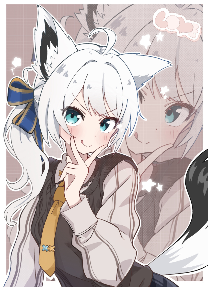 1girl, absurdres, ahoge, animal_ear_fluff, animal_ears, aqua_eyes, blush, brown_sweater, closed_mouth, fox_ears, fox_girl, fox_tail, highres, hololive, long_hair, long_sleeves, looking_at_viewer, necktie, official_alternate_costume, official_alternate_hairstyle, orange_necktie, ponytail, shirakami_fubuki, shirakami_fubuki_(11th_costume), smile, solo, sweater, tail, tongue, tonkotsu_frappuccino, upper_body, v, very_long_hair, virtual_youtuber, white_hair