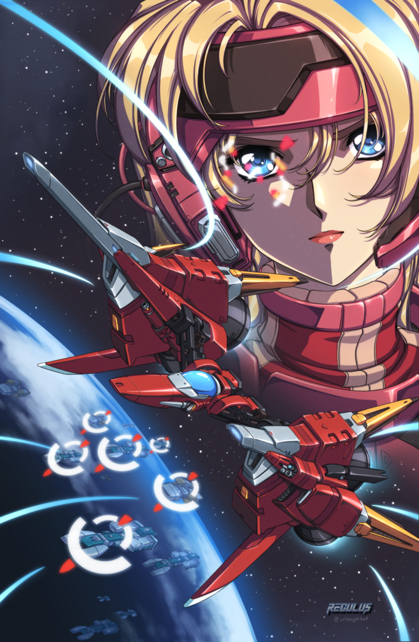 1girl, absurdres, aerial_battle, battle, crosshair, dogfight, f-04, headgear