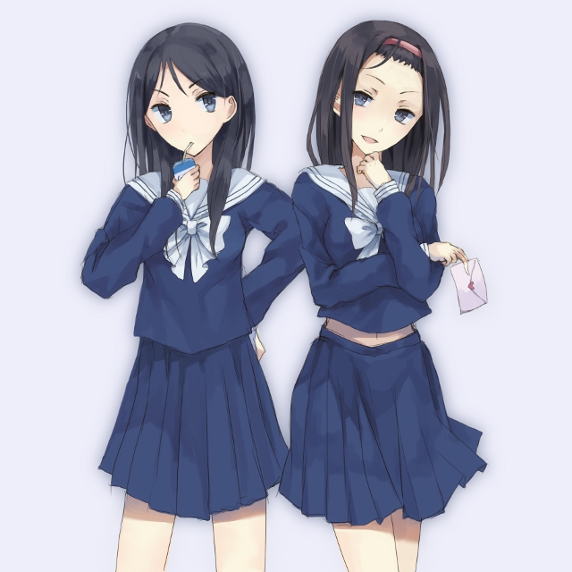 black_hair, blue_eyes, drink, fukiyose_seiri, headband, kumokawa_seria, letter, long_hair, love_letter, multiple_girls, school_uniform, serafuku, smile, to_aru_majutsu_no_index, yocchin