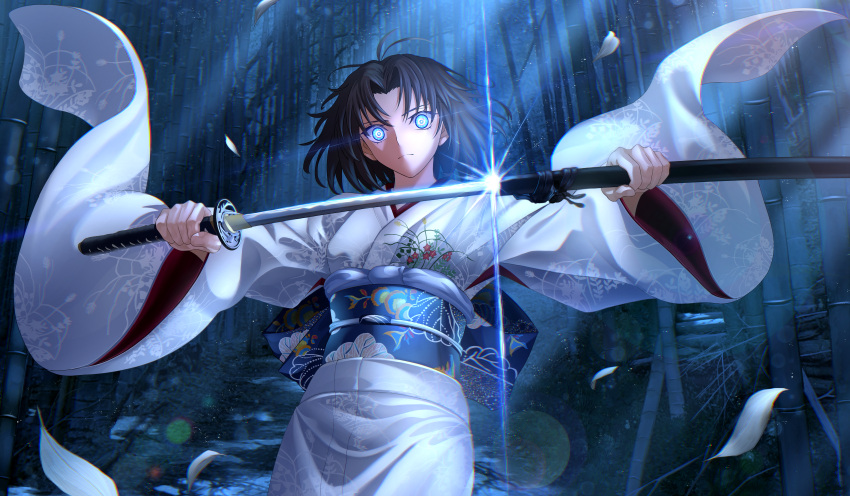 1girl, absurdres, black_hair, blue_eyes, closed_mouth, cowboy_shot, drawing_sword, falling_petals