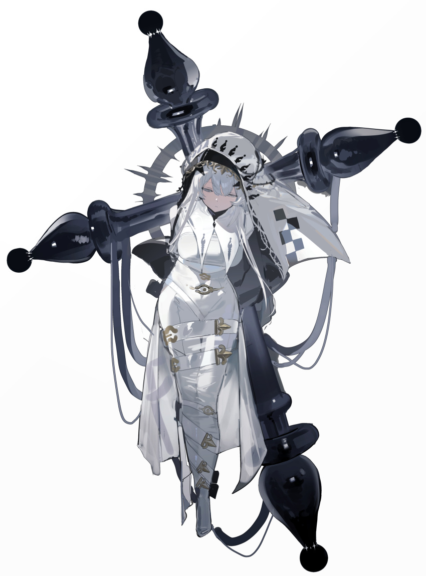 1girl, 4deung, absurdres, arms_behind_back, belt, bishop_(chess), board_game, bound, chess, chess_piece, commentary, commentary_request, dress, fleur-de-lis, full_body, grey_eyes, half-closed_eyes, hat, highres, long_hair, nun, original, personification, simple_background, solo, tied_up_(nonsexual), white_background, white_dress, white_hair, white_hat