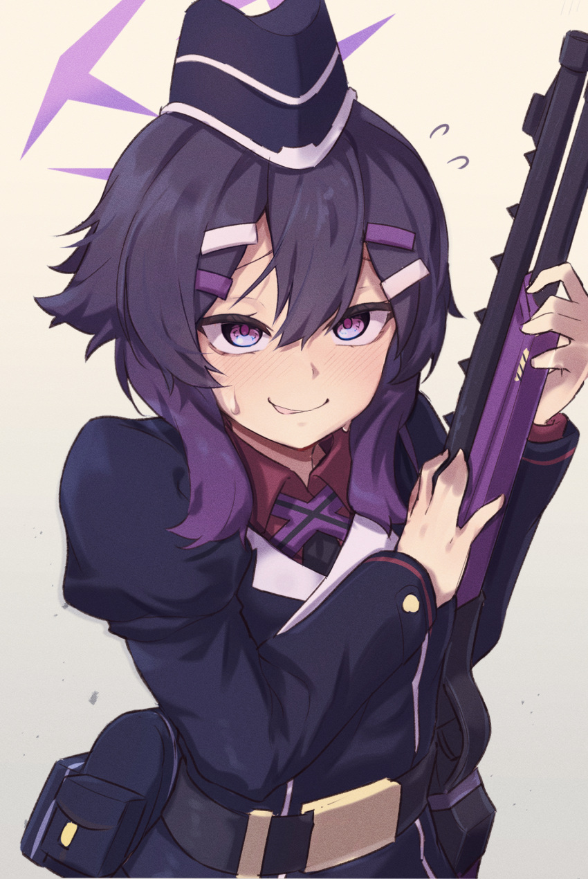 1girl, belt, black_jacket, blue_archive, collared_shirt, commentary_request, fabarm_fp6, flying_sweatdrops, garrison_cap, gun, hair_between_eyes, hair_ornament, hairclip, halo, haruka_(blue_archive), hat, highres, holding, holding_gun, holding_weapon, jacket, konntena, long_sleeves, looking_at_viewer, pump_action, purple_hair, purple_halo, red_shirt, shirt, shotgun, simple_background, smile, solo, sweatdrop, upper_body, violet_eyes, weapon, yellow_background