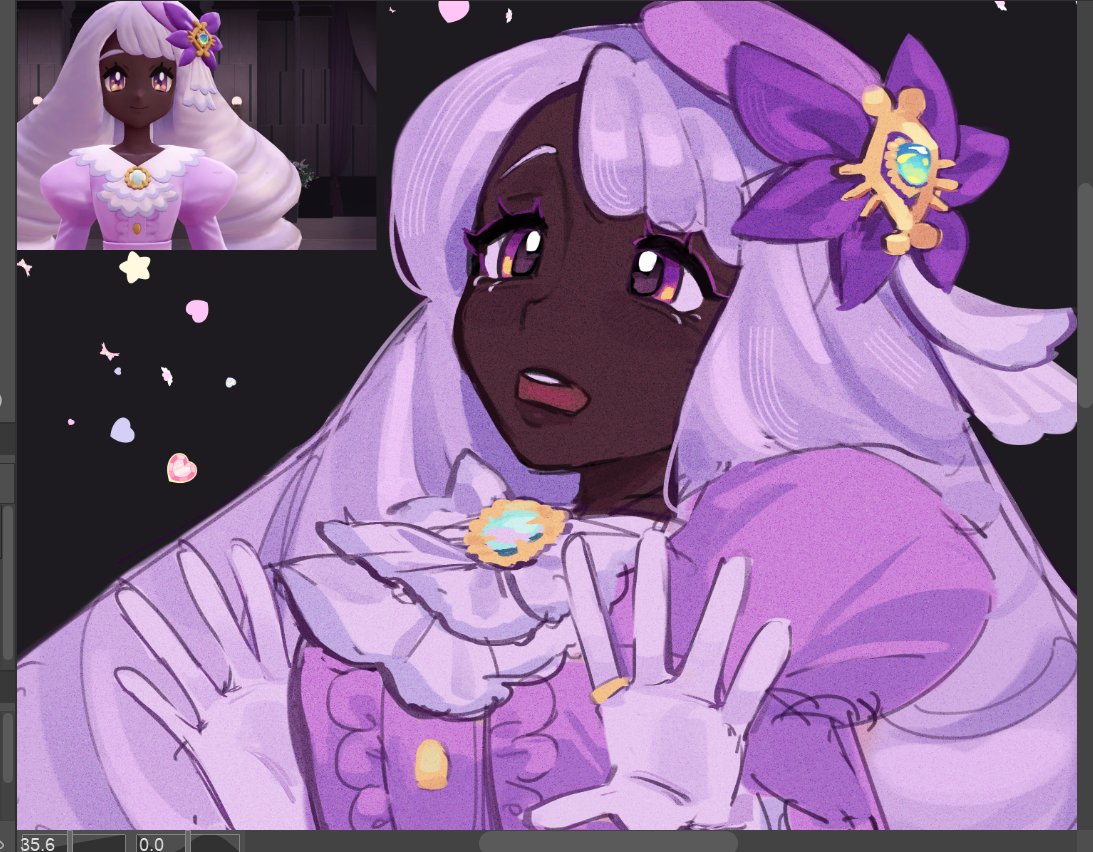1girl, ascot, brooch, center_frills, colored_eyelashes, dark-skinned_female, dark_skin, dress, fascinator, frilled_ascot, frills, game_screenshot_inset, gloves, gold_ring, hair_ornament, hands_up, jacinthe_(pokemon), jewelry, juliet_sleeves, long_sleeves, looking_at_viewer, low_drills, mega_stone, open_mouth, pokemon, pokemon_legends:_z-a, puffy_sleeves, purple_dress, purple_gloves, purple_hair, purrpranolol, reference_inset, solo, teeth, upper_body, upper_teeth_only, very_dark_skin, violet_eyes