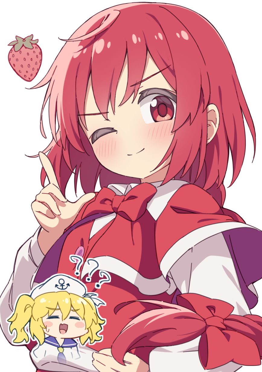2girls, :d, ;), ?, ??, blonde_hair, blue_sailor_collar, blush