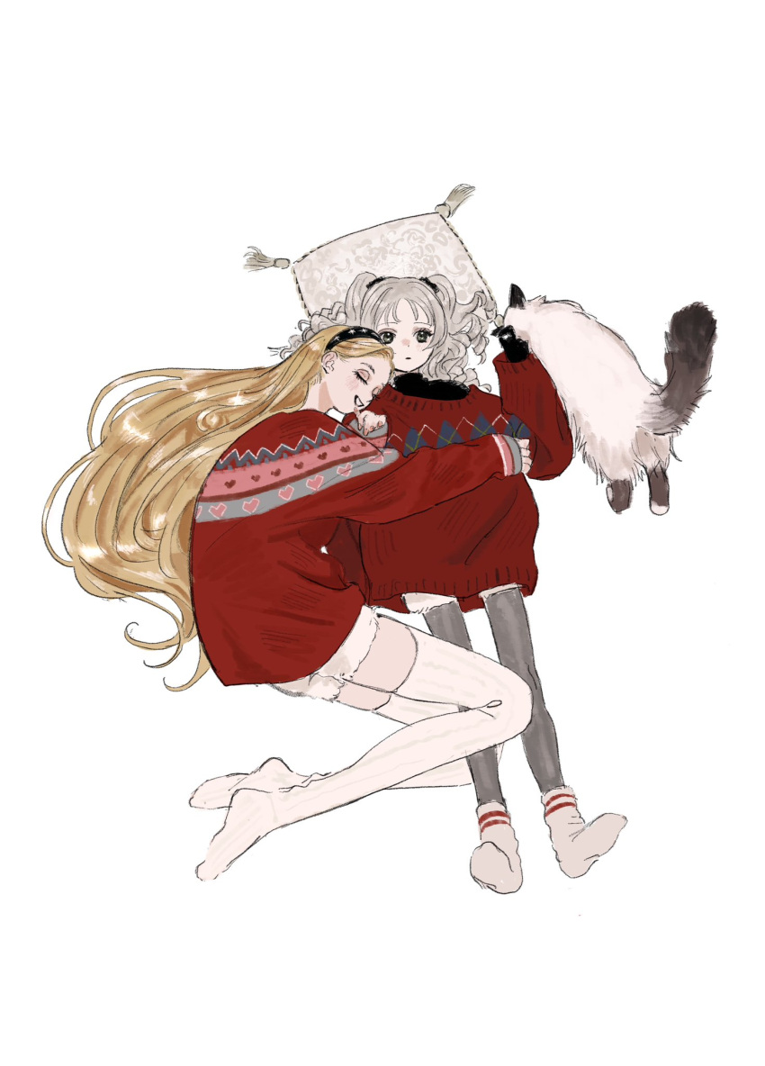 2girls, alternate_costume, black_gloves, black_hairband, black_shirt, blonde_hair, blush, cat